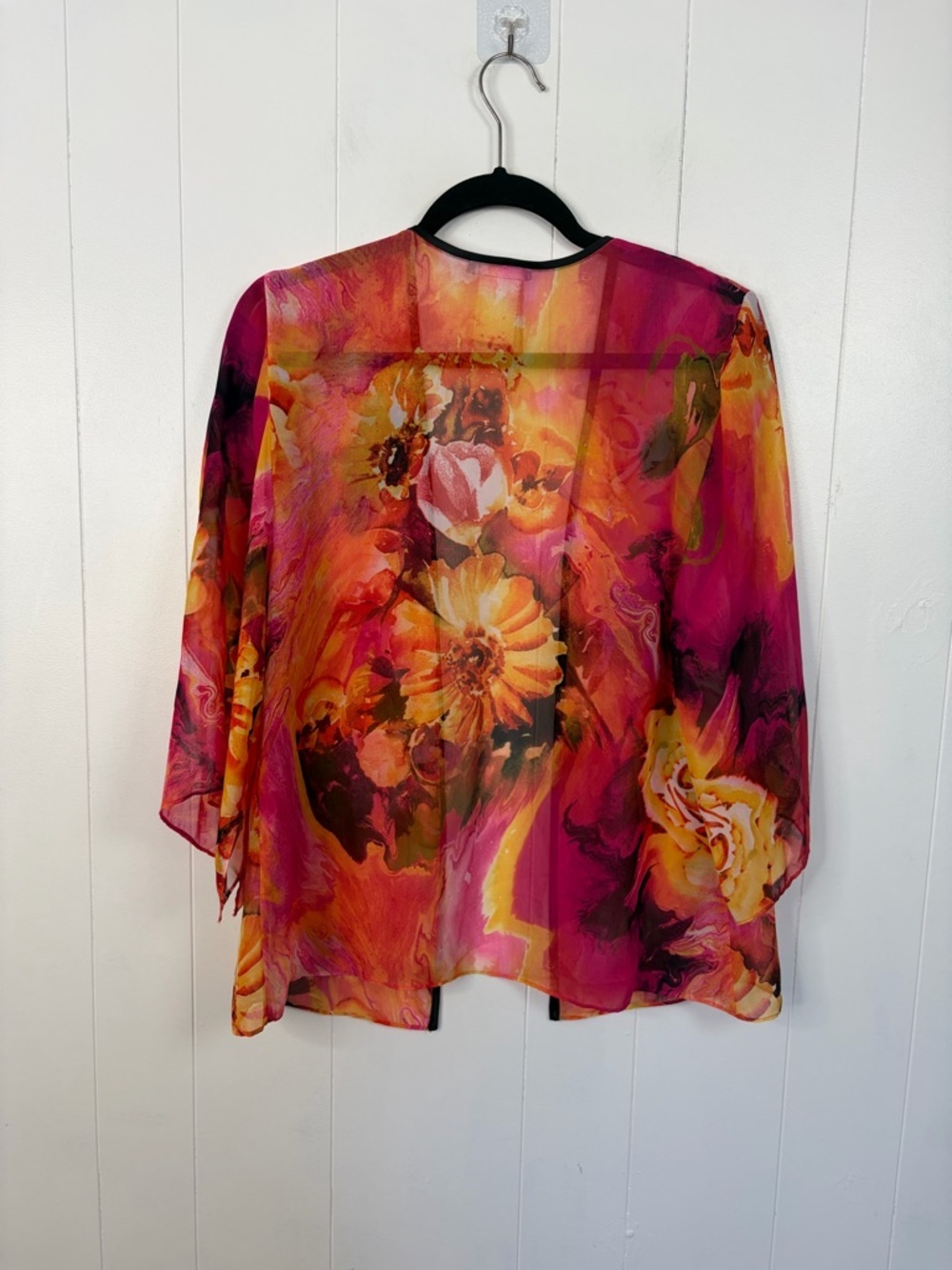 Floral Sheer Kimono Cover Up Bolero Size Medium Boho Open Front Top Pink Orange - Picture 2 of 6